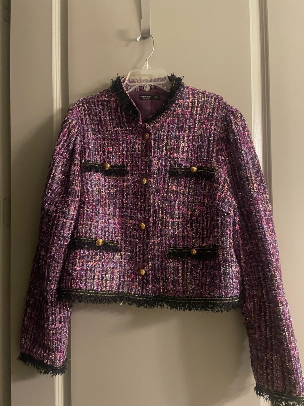 SHEIN Purple Multi-Tone Tweed Jacket with Black Fringe